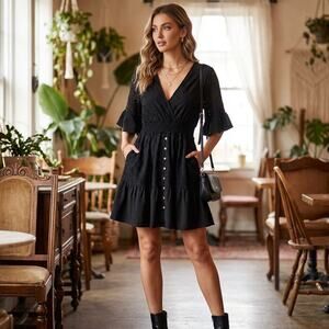 Black Lace Button Front Mini Dress Size Large –Boho Flutter Sleeve Smocked Waist